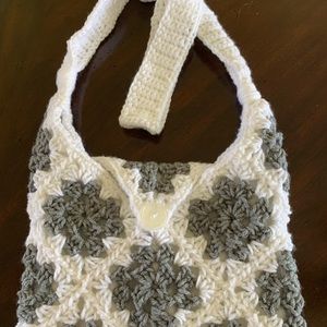 Handmade Granny Square Gray and White Lined Hand Bags